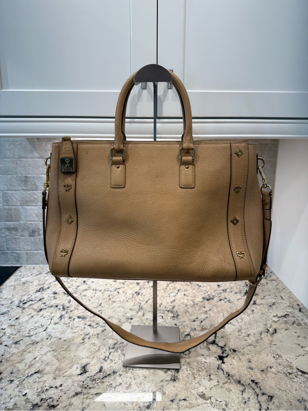 MCM EUC Taupe Pebbled Leather Satchel w/Strap